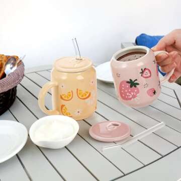 Noamus 2 Pack Cute Ceramic Mugs with Lid and Straw, 13 Oz Fruits Pattern Coffee Cup with Handle, Handmade Strawberry Orange Tea Cup for Office Home, Hot Ice Water Chocolate Milk, Women Gift