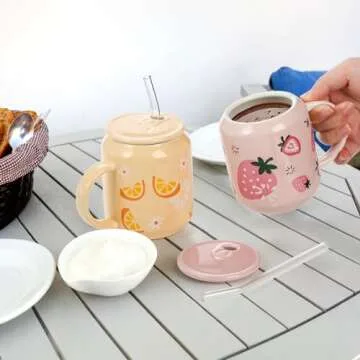 Noamus 2 Pack Cute Ceramic Mugs with Lid and Straw, 13 Oz Fruits Pattern Coffee Cup with Handle, Handmade Strawberry Orange Tea Cup for Office Home, Hot Ice Water Chocolate Milk, Women Gift