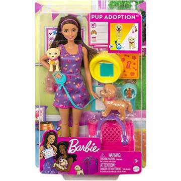 Barbie Pup Adoption Doll & Accessories Set with Color-Change, 2 Pets, Carrier & 10 Accessories, Brunette in Purple Dress
