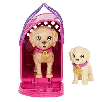 Barbie Pup Adoption Doll & Accessories Set with Color-Change, 2 Pets, Carrier & 10 Accessories, Brunette in Purple Dress