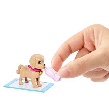 Barbie Pup Adoption Doll & Accessories Set with Color-Change, 2 Pets, Carrier & 10 Accessories, Brunette in Purple Dress