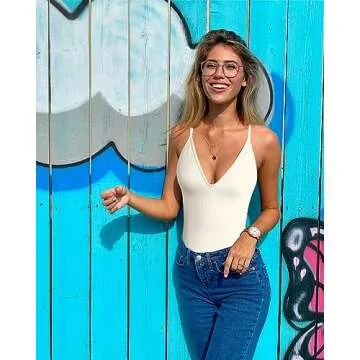 TOB Women's 3 Piece Bodysuits Sexy Ribbed V Neck Adjustable Spaghetti Strips Tops Bodysuits