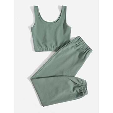 Floerns Women's Solid Drawstring Waist Jogger Set Crop Tank Top Two Piece Outfit