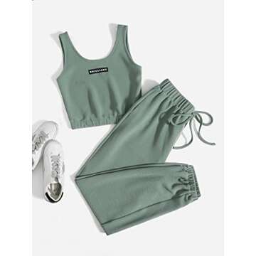 Floerns Women's Solid Drawstring Waist Jogger Set Crop Tank Top Two Piece Outfit