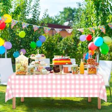 4 Pcs Pink Gingham Tablecloth 54 × 108 Inches Pink and White Checkered Table Cloth Disposable Plast...