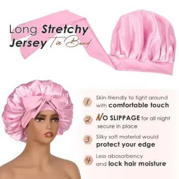 YANIBEST Silk Bonnet for Sleeping Women Satin Bonnet Double Layer Satin Lined Hair Bonnet with Tie Band Curly Hair Pink