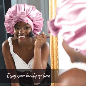 YANIBEST Silk Bonnet for Sleeping Women Satin Bonnet Double Layer Satin Lined Hair Bonnet with Tie Band Curly Hair Pink