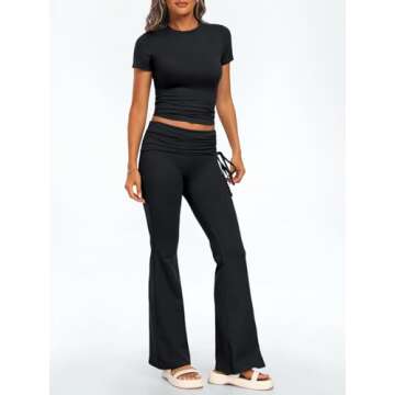 Trendy Queen 2 Piece Sets for Women Workout Two Piece Lounge Sets Outfits Matching Pajamas Joggers Casual Trendy Tracksuits Travel Tops Flare Pants Summer Clothes, Small, Black