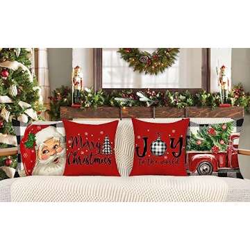 4TH Emotion Buffalo Check Christmas Pillow Covers 18x18 Set of 4 Farmhouse Xmas Decorations Merry Tr...