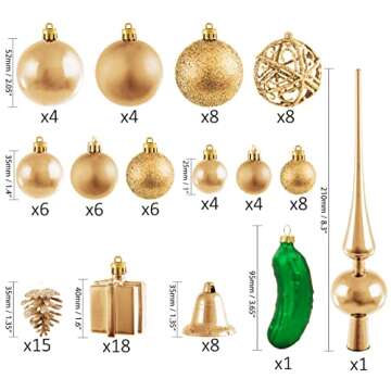 BRUBAKER 101 Pack Assorted Christmas Ball Ornaments - Shatterproof - with Green Pickle and Tree Topper - Designed in Germany - Champagne