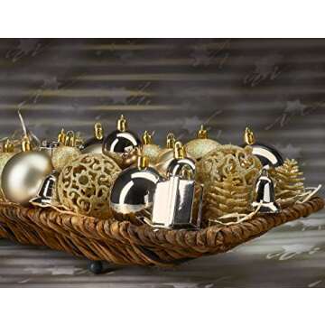 BRUBAKER 101 Pack Assorted Christmas Ball Ornaments - Shatterproof - with Green Pickle and Tree Topper - Designed in Germany - Champagne