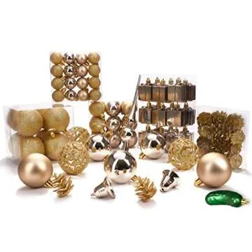 BRUBAKER 101 Pack Assorted Christmas Ball Ornaments - Shatterproof - with Green Pickle and Tree Topper - Designed in Germany - Champagne