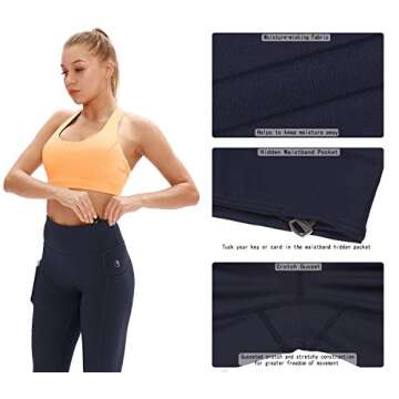 icyzone Yoga Pants for Women - High Waisted Workout Leggings with Pockets, Athletic Capris Exercise Tights (L, Navy)