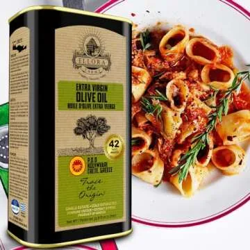 Ellora Farms, Greek Extra Virgin Olive Oil, Gold Award Winner, Single Estate traceable olive oil, 33.8 oz. Tin and 8.45 oz. Glass bottle, Combo Pack