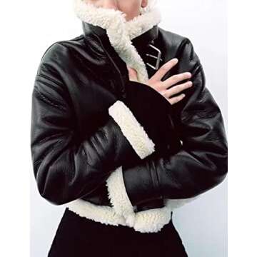 Flygo Women's Faux Leather Moto Jacket Oversized PU Fur Shearling Short Bomber Jacket(Black-XS)