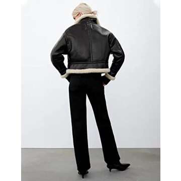 Flygo Women's Faux Leather Moto Jacket Oversized PU Fur Shearling Short Bomber Jacket(Black-XS)