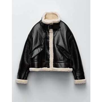 Flygo Women's Faux Leather Moto Jacket Oversized PU Fur Shearling Short Bomber Jacket(Black-XS)