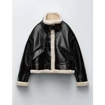 Flygo Women's Faux Leather Moto Jacket Oversized PU Fur Shearling Short Bomber Jacket(Black-XS)