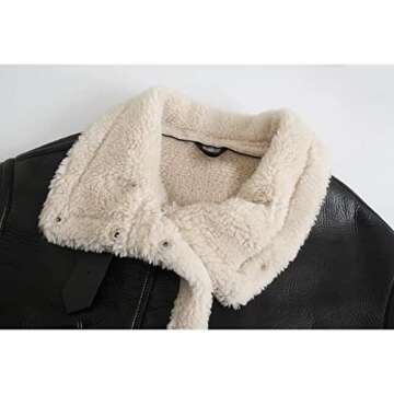 Flygo Women's Faux Leather Moto Jacket Oversized PU Fur Shearling Short Bomber Jacket(Black-XS)