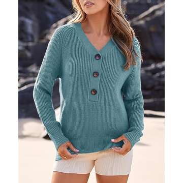 BTFBM Long Sleeve V Neck Button Down Sweater Solid Color Ribbed Knit Sweater Casual Relaxed Fit Pull...
