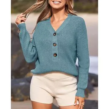 BTFBM Long Sleeve V Neck Button Down Sweater Solid Color Ribbed Knit Sweater Casual Relaxed Fit Pullover Loose Jumper (Solid Grey Blue, X-Large)