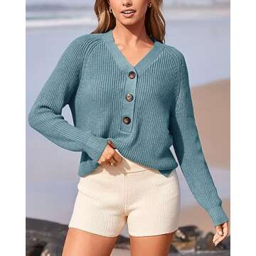 BTFBM Long Sleeve V Neck Button Down Sweater Solid Color Ribbed Knit Sweater Casual Relaxed Fit Pullover Loose Jumper (Solid Grey Blue, X-Large)