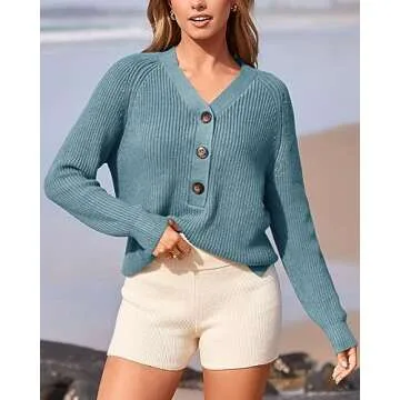 BTFBM Long Sleeve V Neck Button Down Sweater Solid Color Ribbed Knit Sweater Casual Relaxed Fit Pullover Loose Jumper (Solid Grey Blue, X-Large)