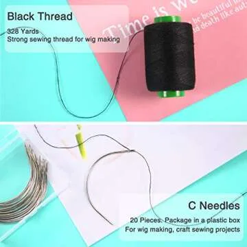 Boao 20 Pieces Wig C Curved Sewing Needles for Hair with 328 Yard Thread for Wig Making, Blocking Knitting, Modelling and Crafts