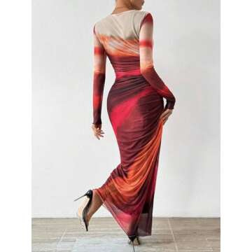 MARZXIN Womens Long Sleeve Maxi Dress Bodycon Ruched Natural Slim Fit Tie Dye Dress Cocktail Dresses Mesh Dress color154 XL