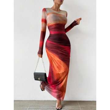 MARZXIN Womens Long Sleeve Maxi Dress Bodycon Ruched Natural Slim Fit Tie Dye Dress Cocktail Dresses Mesh Dress color154 XL