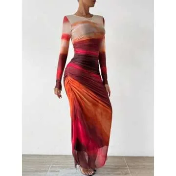 MARZXIN Womens Long Sleeve Maxi Dress Bodycon Ruched Natural Slim Fit Tie Dye Dress Cocktail Dresses Mesh Dress color154 XL