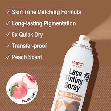 RED By Kiss Lace Tinting Spray, Quick Dry & Skin Tone Matching for Lace Wig, Transfer-proof, No Smudging, Long Lasting, Precision Control with Pointed Nozzle, Peach Scent