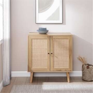 Walker Edison Kitt Boho 2 Door Wood and Rattan Accent Cabinet, 30 Inch, Natural