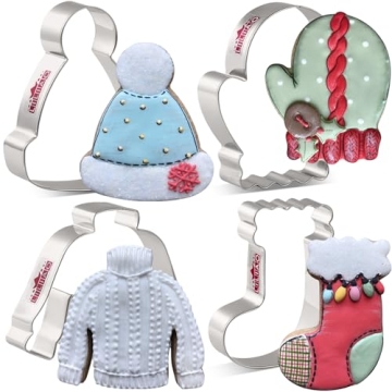 LILIAO Winter Holiday Christmas Cookie Cutter Set - 4 Piece - Ugly Sweater, Stocking, Hat and Mitten...