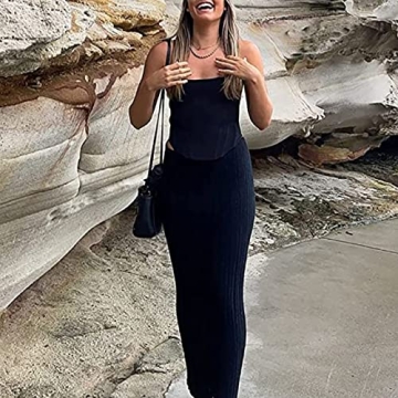 SAFRISIOR Women Solid Knitted Long Maxi Skirt Slim Stretch Midi Skirt Strapless Bodycon Beach Cover Up Sundress Party Dress Black