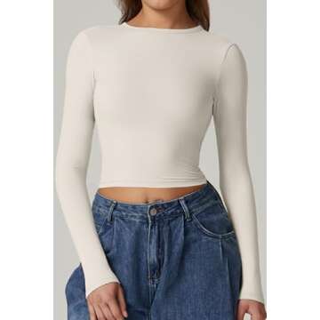 QINSEN Womens Criss Cross Backless Top Long Sleeve Double Lined Slimming Fit T Shirts White S