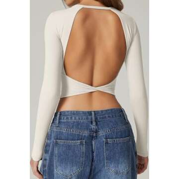 QINSEN Womens Criss Cross Backless Top Long Sleeve Double Lined Slimming Fit T Shirts White S