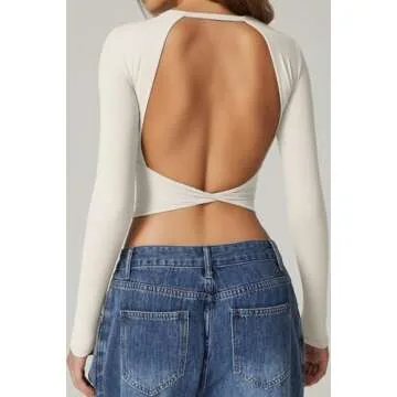 QINSEN Womens Criss Cross Backless Top Long Sleeve Double Lined Slimming Fit T Shirts White S