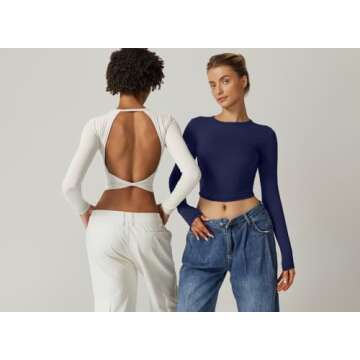 QINSEN Womens Criss Cross Backless Top Long Sleeve Double Lined Slimming Fit T Shirts White S