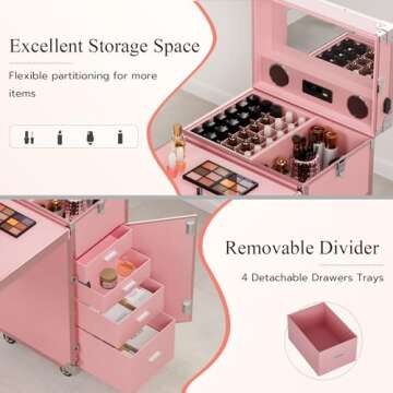 Icoget Portable Rolling Manicure Table for Nail Teach, Foldable Traveling Nail Desk w/Storage, Mobile Nail Table w/Audio and Mirror, Makeup Train Case Cosmetic Trolley, Pink