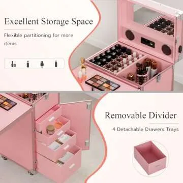 Icoget Portable Rolling Manicure Table for Nail Teach, Foldable Traveling Nail Desk w/Storage, Mobile Nail Table w/Audio and Mirror, Makeup Train Case Cosmetic Trolley, Pink