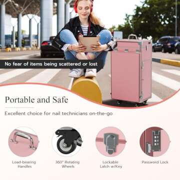 Icoget Portable Rolling Manicure Table for Nail Teach, Foldable Traveling Nail Desk w/Storage, Mobile Nail Table w/Audio and Mirror, Makeup Train Case Cosmetic Trolley, Pink