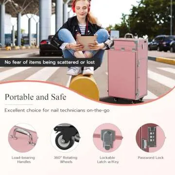 Icoget Portable Rolling Manicure Table for Nail Teach, Foldable Traveling Nail Desk w/Storage, Mobile Nail Table w/Audio and Mirror, Makeup Train Case Cosmetic Trolley, Pink