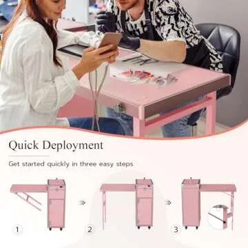 Icoget Portable Rolling Manicure Table for Nail Teach, Foldable Traveling Nail Desk w/Storage, Mobile Nail Table w/Audio and Mirror, Makeup Train Case Cosmetic Trolley, Pink