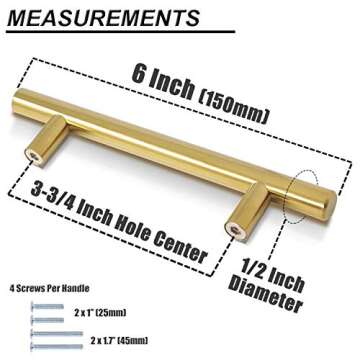 Probrico (5 Pack 3-3/4" Hole Centers Cabinet Pulls, Euro Kitchen Cabinet Hardware T Bar Dresser Pull Bathroom Gold Drawer Cupboard Closet Handles, 6 Inch Total Length