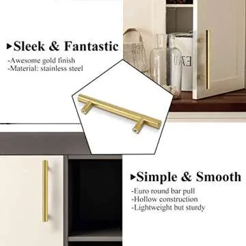 Probrico (5 Pack 3-3/4" Hole Centers Cabinet Pulls, Euro Kitchen Cabinet Hardware T Bar Dresser Pull Bathroom Gold Drawer Cupboard Closet Handles, 6 Inch Total Length