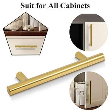 Probrico (5 Pack 3-3/4" Hole Centers Cabinet Pulls, Euro Kitchen Cabinet Hardware T Bar Dresser Pull Bathroom Gold Drawer Cupboard Closet Handles, 6 Inch Total Length