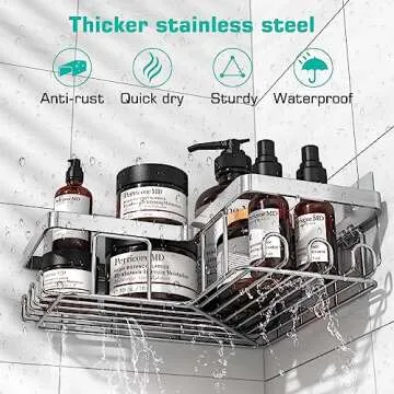 YASONIC Corner Shower Caddy, 3-Pack Adhesive Shower Caddy with Soap Holder and 12 Hooks, Rustproof Stainless Steel Bathroom Shower Organizer, No Drilling Wall Mounted Shower Rack, Brushed Silver