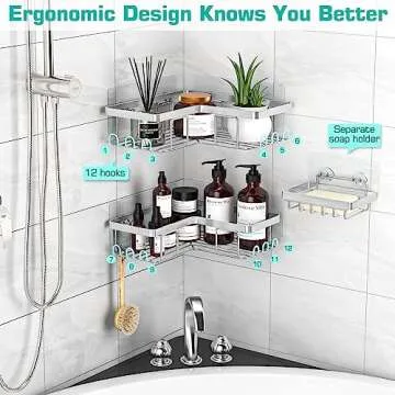 YASONIC Corner Shower Caddy, 3-Pack Adhesive Shower Caddy with Soap Holder and 12 Hooks, Rustproof Stainless Steel Bathroom Shower Organizer, No Drilling Wall Mounted Shower Rack, Brushed Silver