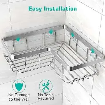 YASONIC Corner Shower Caddy, 3-Pack Adhesive Shower Caddy with Soap Holder and 12 Hooks, Rustproof Stainless Steel Bathroom Shower Organizer, No Drilling Wall Mounted Shower Rack, Brushed Silver
